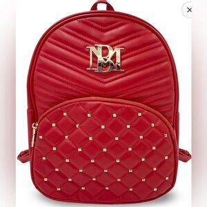 NEW! Badgley Mischka Red Diamond Quilted Gold Studded Vegan Leather Backpack NWT
